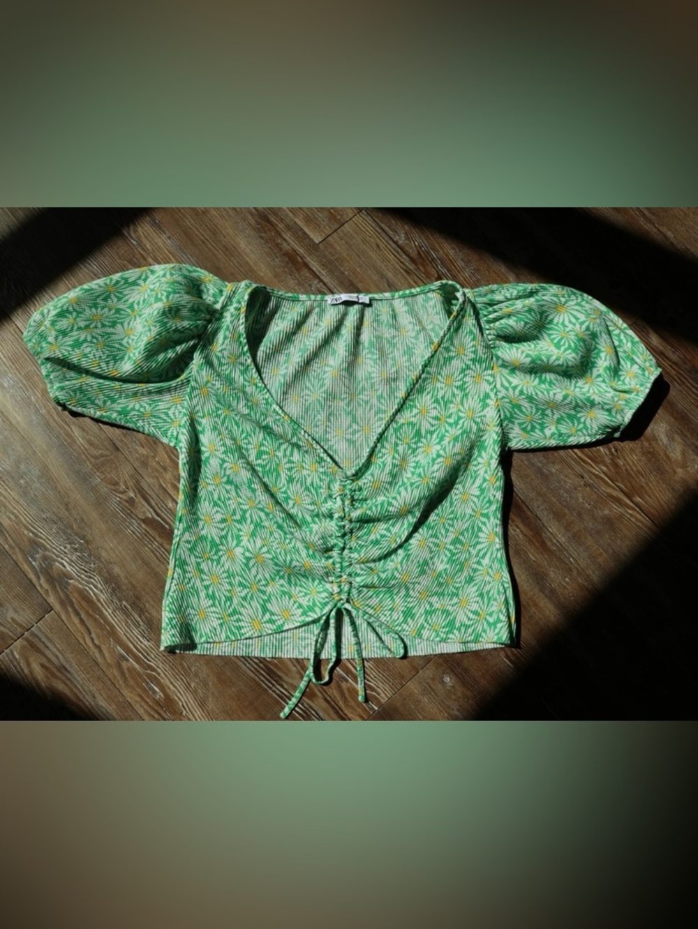 Zara Womens Girly Coquette Green Daisy Puff Sleeve Cottagecore Crop Top M